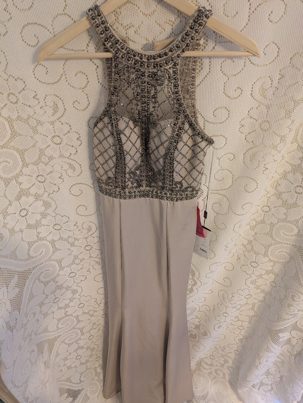 Beaded Halter Prom Dress in Light Gray